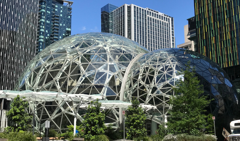Photo of Amazon Spheres against Seattle background